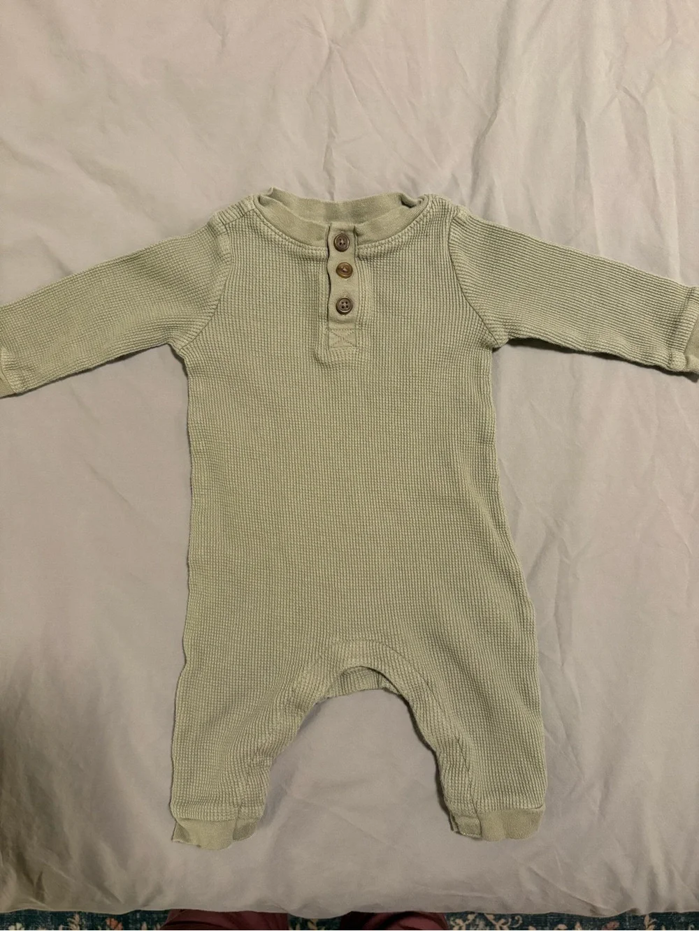 Old Navy 3-6M Waffle-Knit Long-Sleeve One-Piece Romper in Sage Green